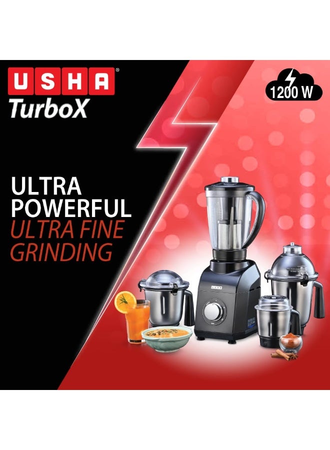 USHA 1200W TurboX Mixer Grinder | Faster and finer grinding | 100% Copper motor for long life, durability | 4 Stainless Steel Jars With Fruit Filter | 24000 rpm | 90 minutes continuous run time - Image 5